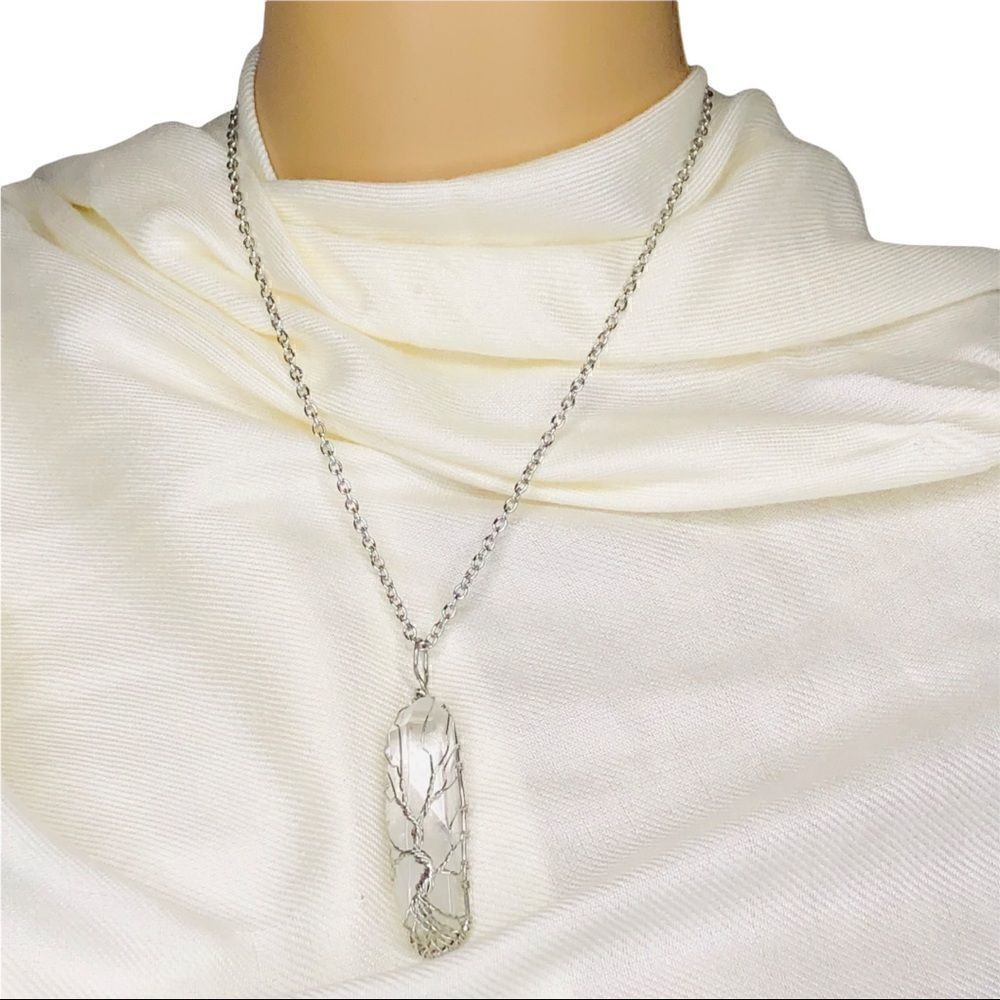 Tree of Life Wire Wrapped Clear Quartz Crystal Necklace - Picture 4 of 11